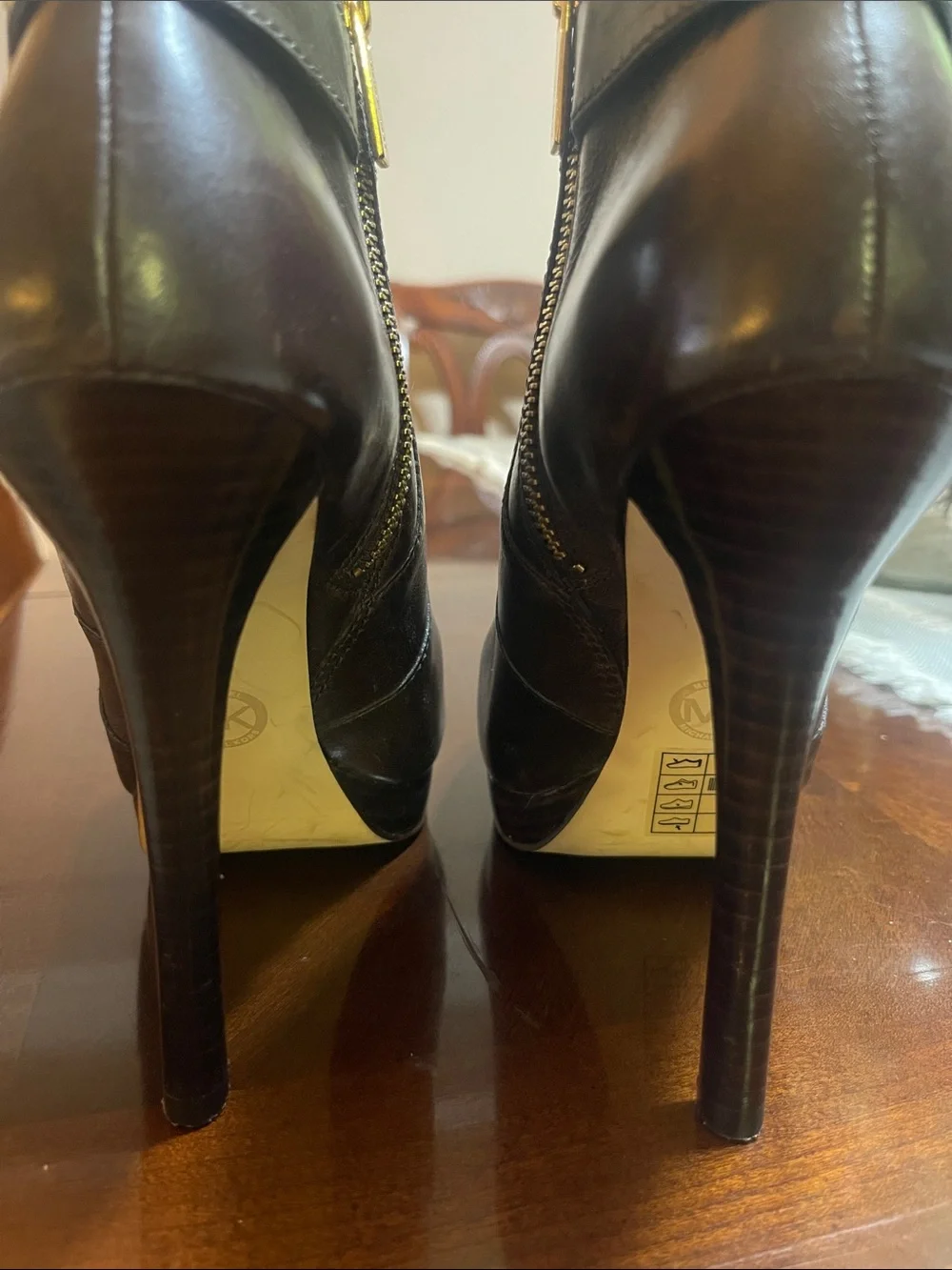 Michael Kors Dark Brown Leather High-Heel Ankle Booties with Gold MK Accent